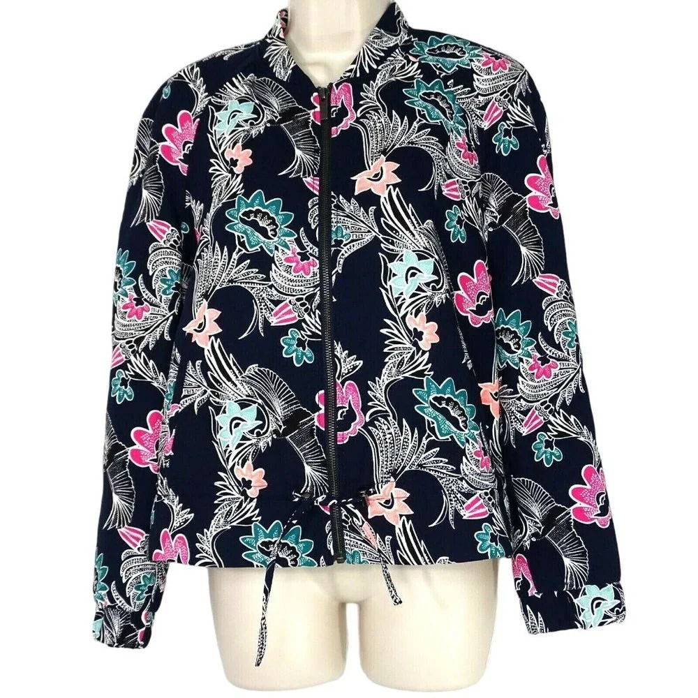 Banana Republic Full Zip Jacket Print Bird Women Size XS Blue Long Sleeve